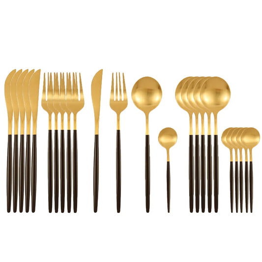 24Pcs 18/10 Stainless Steel Dinnerware Set Black Gold Cutlery Spoon Fork Knife Western Cutleri Silverware tableware Set Supplies